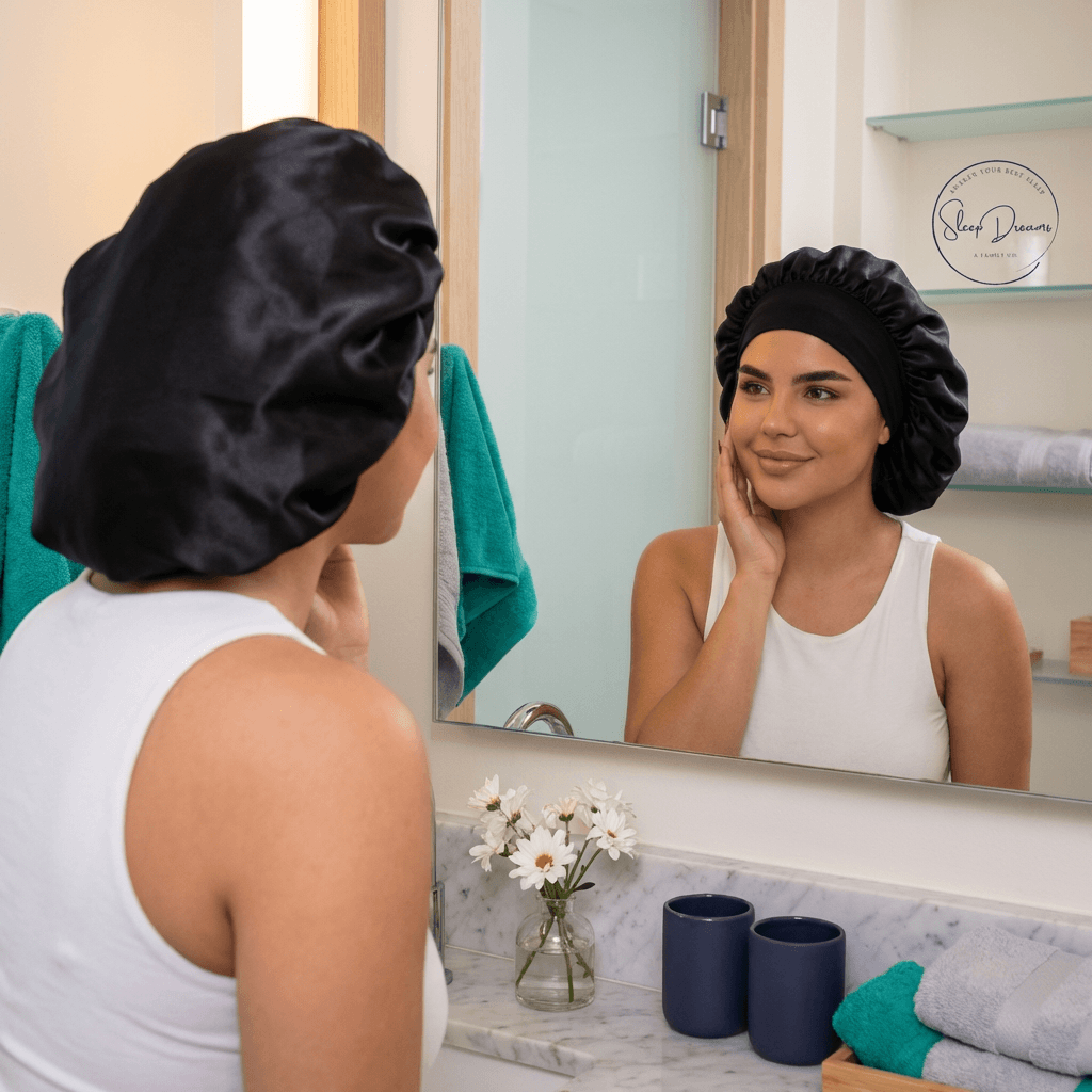 a woman looking at the mirror while wearing a silk hair bonnet
