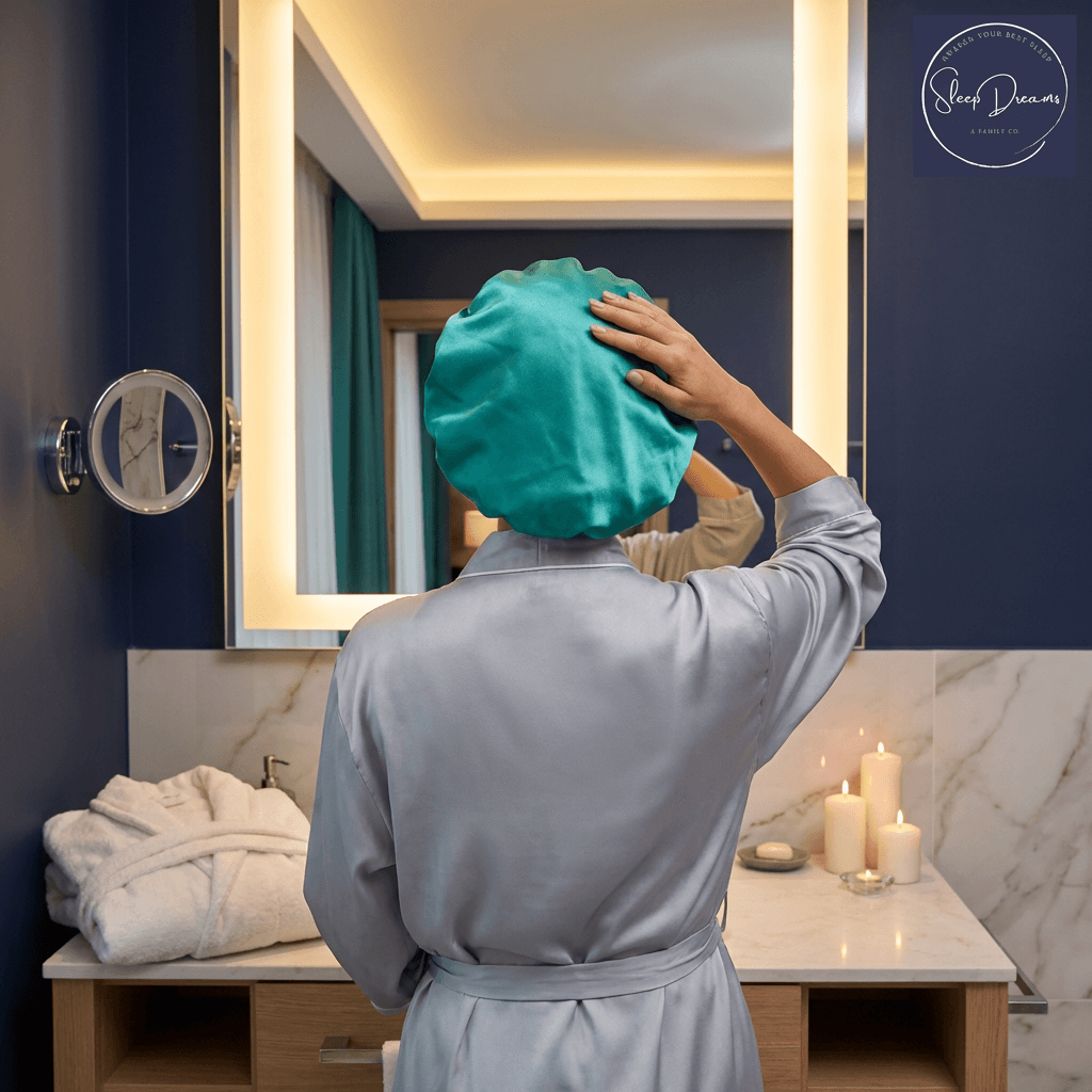 A woman wearing green bonnet in front of a mirror