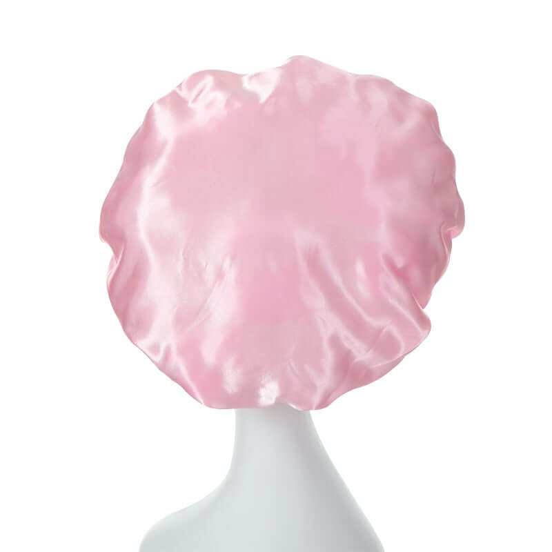 back of baby pink satin hair bonnet for sleep