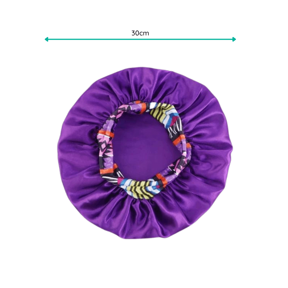 Violet satin hair bonnet with printed band in 30 cm wide on a white background